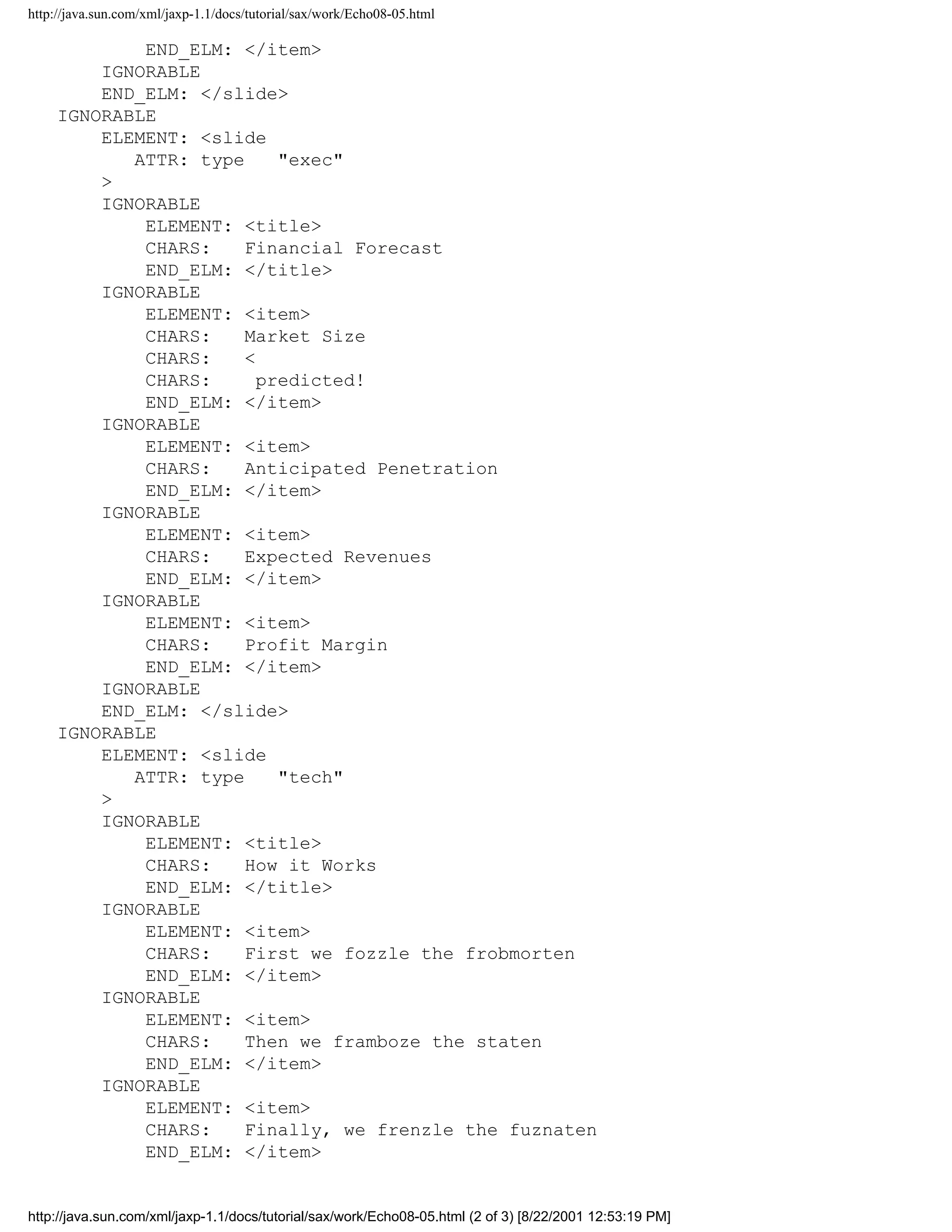 http://java.sun.com/xml/jaxp-1.1/docs/tutorial/sax/work/Echo08-05.html

             END_ELM: </item>
         IGNORABLE
         END_ELM: </slide>
     IGNORABLE
         ELEMENT: <slide
            ATTR: type     "exec"
         >
         IGNORABLE
             ELEMENT: <title>
             CHARS:    Financial Forecast
             END_ELM: </title>
         IGNORABLE
             ELEMENT: <item>
             CHARS:    Market Size
             CHARS:    <
             CHARS:      predicted!
             END_ELM: </item>
         IGNORABLE
             ELEMENT: <item>
             CHARS:    Anticipated Penetration
             END_ELM: </item>
         IGNORABLE
             ELEMENT: <item>
             CHARS:    Expected Revenues
             END_ELM: </item>
         IGNORABLE
             ELEMENT: <item>
             CHARS:    Profit Margin
             END_ELM: </item>
         IGNORABLE
         END_ELM: </slide>
     IGNORABLE
         ELEMENT: <slide
            ATTR: type     "tech"
         >
         IGNORABLE
             ELEMENT: <title>
             CHARS:    How it Works
             END_ELM: </title>
         IGNORABLE
             ELEMENT: <item>
             CHARS:    First we fozzle the frobmorten
             END_ELM: </item>
         IGNORABLE
             ELEMENT: <item>
             CHARS:    Then we framboze the staten
             END_ELM: </item>
         IGNORABLE
             ELEMENT: <item>
             CHARS:    Finally, we frenzle the fuznaten
             END_ELM: </item>


http://java.sun.com/xml/jaxp-1.1/docs/tutorial/sax/work/Echo08-05.html (2 of 3) [8/22/2001 12:53:19 PM]
 