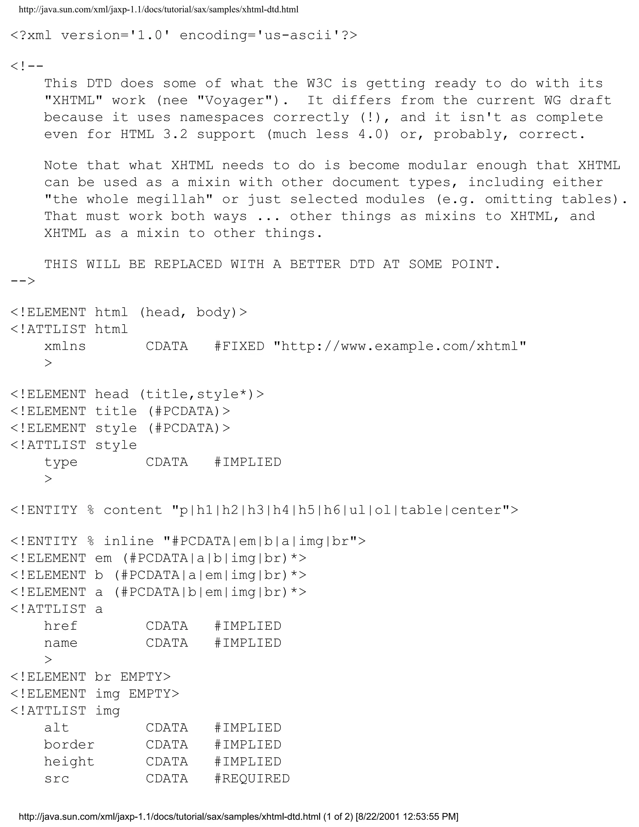 http://java.sun.com/xml/jaxp-1.1/docs/tutorial/sax/samples/xhtml-dtd.html

<?xml version='1.0' encoding='us-ascii'?>

<!--
       This DTD does some of what the W3C is getting ready to do with its
       "XHTML" work (nee "Voyager"). It differs from the current WG draft
       because it uses namespaces correctly (!), and it isn't as complete
       even for HTML 3.2 support (much less 4.0) or, probably, correct.

       Note that what XHTML needs to do is become modular enough that XHTML
       can be used as a mixin with other document types, including either
       "the whole megillah" or just selected modules (e.g. omitting tables).
       That must work both ways ... other things as mixins to XHTML, and
       XHTML as a mixin to other things.

       THIS WILL BE REPLACED WITH A BETTER DTD AT SOME POINT.
-->

<!ELEMENT html (head, body)>
<!ATTLIST html
    xmlns       CDATA   #FIXED "http://www.example.com/xhtml"
    >

<!ELEMENT           head (title,style*)>
<!ELEMENT           title (#PCDATA)>
<!ELEMENT           style (#PCDATA)>
<!ATTLIST           style
    type                  CDATA   #IMPLIED
    >

<!ENTITY % content "p|h1|h2|h3|h4|h5|h6|ul|ol|table|center">

<!ENTITY % inline "#PCDATA|em|b|a|img|br">
<!ELEMENT em (#PCDATA|a|b|img|br)*>
<!ELEMENT b (#PCDATA|a|em|img|br)*>
<!ELEMENT a (#PCDATA|b|em|img|br)*>
<!ATTLIST a
    href        CDATA   #IMPLIED
    name        CDATA   #IMPLIED
    >
<!ELEMENT br EMPTY>
<!ELEMENT img EMPTY>
<!ATTLIST img
    alt         CDATA   #IMPLIED
    border      CDATA   #IMPLIED
    height      CDATA   #IMPLIED
    src         CDATA   #REQUIRED

 http://java.sun.com/xml/jaxp-1.1/docs/tutorial/sax/samples/xhtml-dtd.html (1 of 2) [8/22/2001 12:53:55 PM]
 