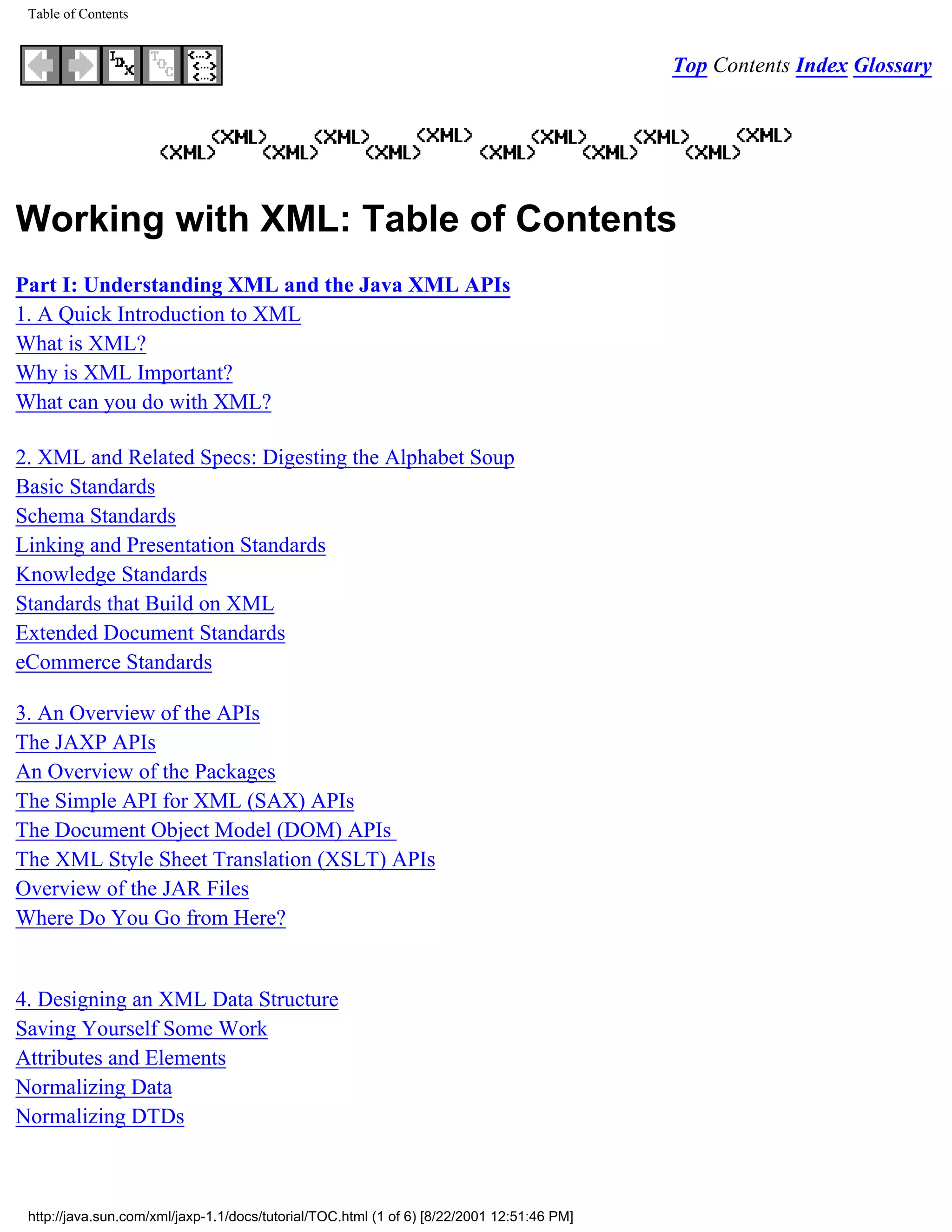 Table of Contents


                                                                                            Top Contents Index Glossary




Working with XML: Table of Contents
Part I: Understanding XML and the Java XML APIs
1. A Quick Introduction to XML
What is XML?
Why is XML Important?
What can you do with XML?

2. XML and Related Specs: Digesting the Alphabet Soup
Basic Standards
Schema Standards
Linking and Presentation Standards
Knowledge Standards
Standards that Build on XML
Extended Document Standards
eCommerce Standards

3. An Overview of the APIs
The JAXP APIs
An Overview of the Packages
The Simple API for XML (SAX) APIs
The Document Object Model (DOM) APIs
The XML Style Sheet Translation (XSLT) APIs
Overview of the JAR Files
Where Do You Go from Here?


4. Designing an XML Data Structure
Saving Yourself Some Work
Attributes and Elements
Normalizing Data
Normalizing DTDs



 http://java.sun.com/xml/jaxp-1.1/docs/tutorial/TOC.html (1 of 6) [8/22/2001 12:51:46 PM]
 