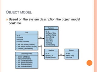 OBJECT MODEL
 Based on the system description the object model
could be
 