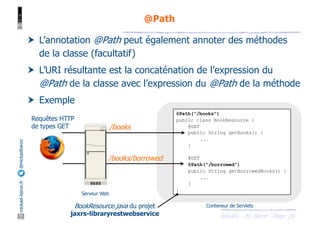 JAX-RS - M. Baron - Page
mickael-baron.fr
@mickaelbaron
24
@Path
† L’annotation @Path peut également annoter des méthodes
de la classe (facultatif)
† L’URI résultante est la concaténation de l’expression du
@Path de la classe avec l’expression du @Path de la méthode
† Exemple
@Path("/books")
public class BookResource {
@GET
public String getBooks() {
...
}
@GET
@Path("/borrowed")
public String getBorrowedBooks() {
...
}
}
/books
/books/borrowed
Serveur Web
Requêtes HTTP
de types GET
Conteneur de Servlets
BookResource.java du projet
jaxrs-libraryrestwebservice
 