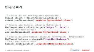 Copyright © 2012, Oracle and/or its affiliates. All rights reserved.
15
Client API
// Create client and register MyProvide...