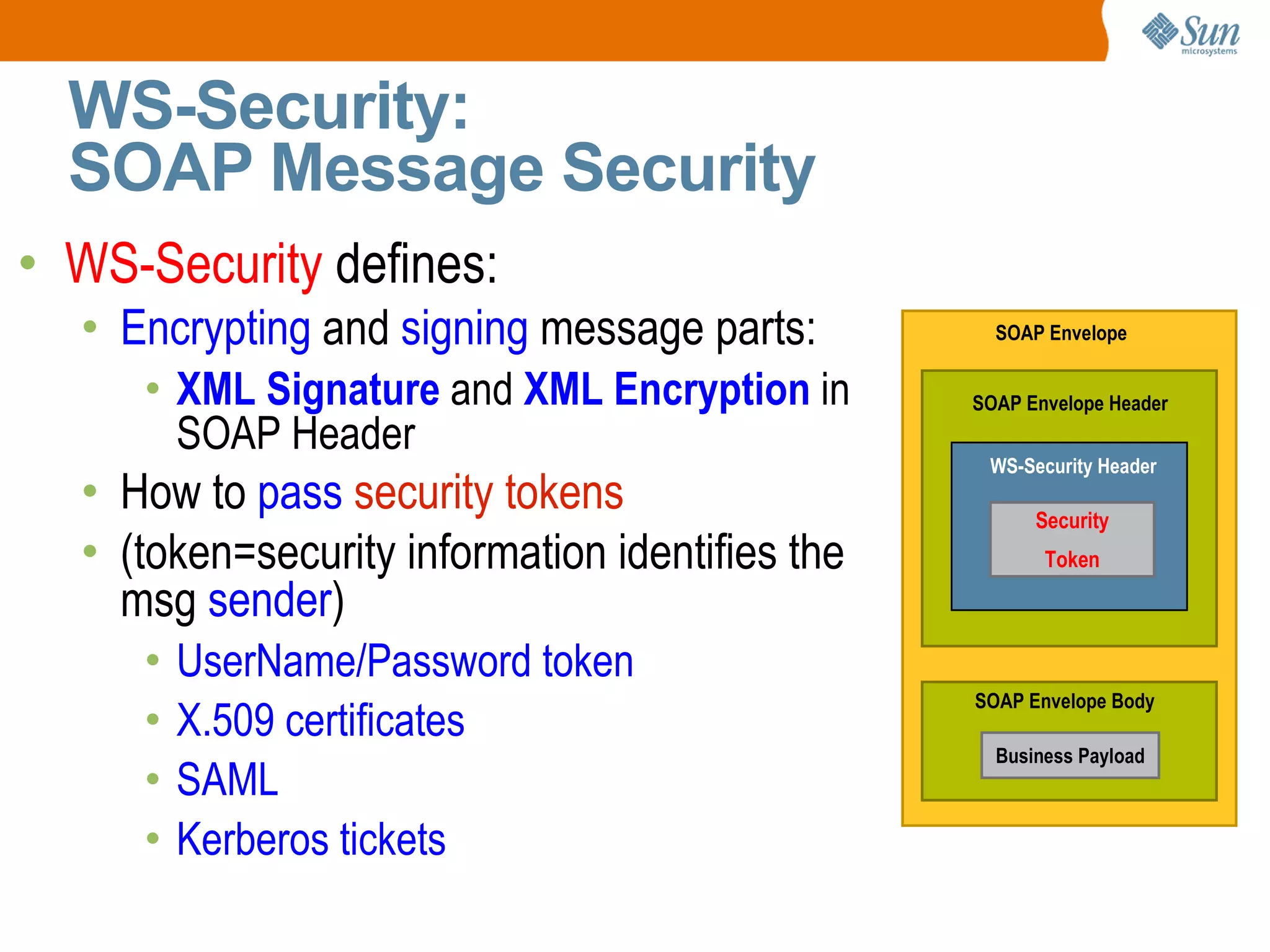 WS-Security: SOAP Message Security WS-Security defines: Encrypting and signing message parts: XML Signature and XML Encryption in SOAP Header How to pass security tokens (token=security information identifies the msg sender ) UserName/Password token X.509 certificates SAML Kerberos tickets SOAP Envelope SOAP Envelope Header SOAP Envelope Body WS-Security Header Security Token Business Payload
