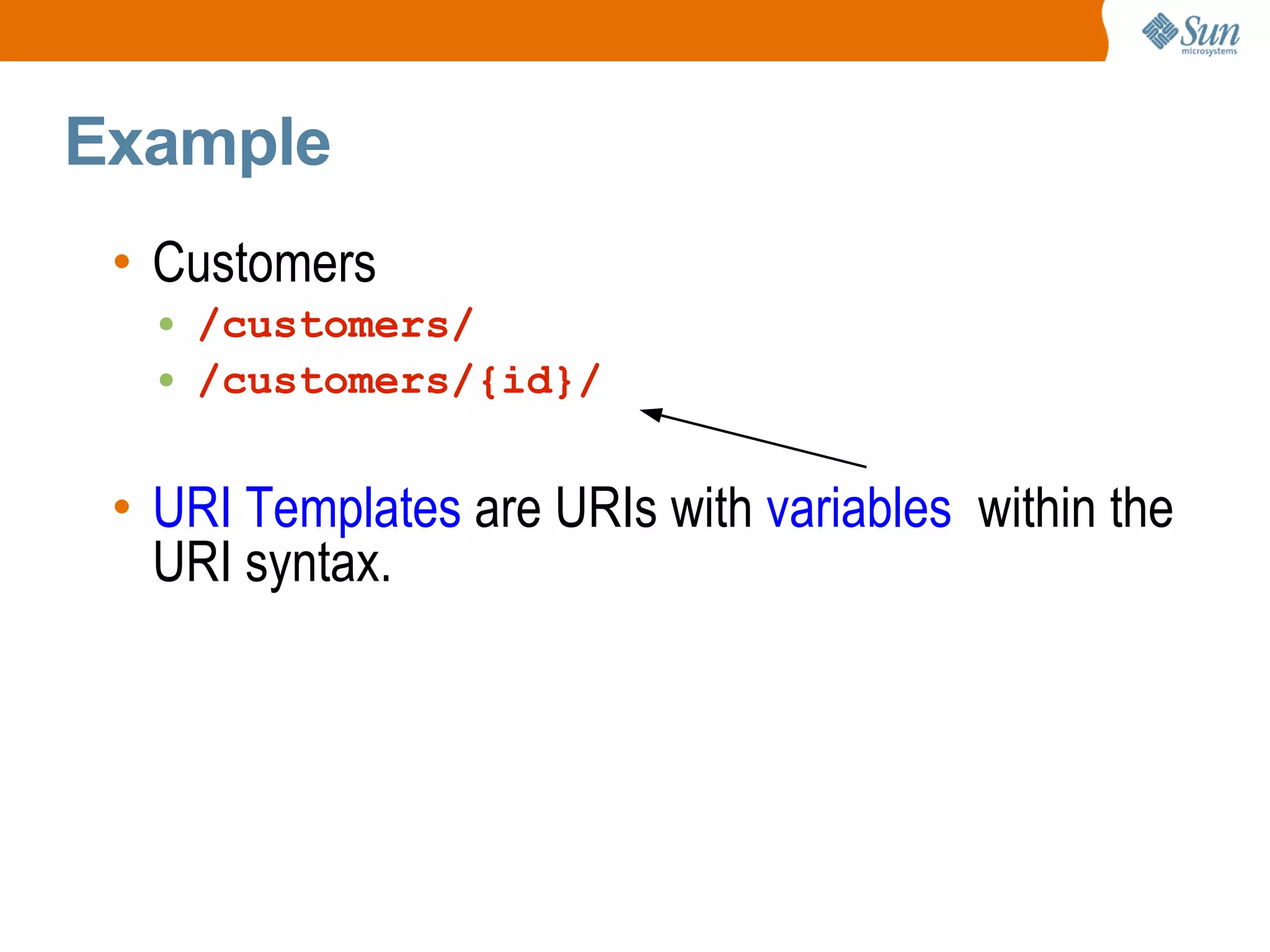 Example Customers /customers/ /customers/{id}/ URI Templates are URIs with variables within the URI syntax.