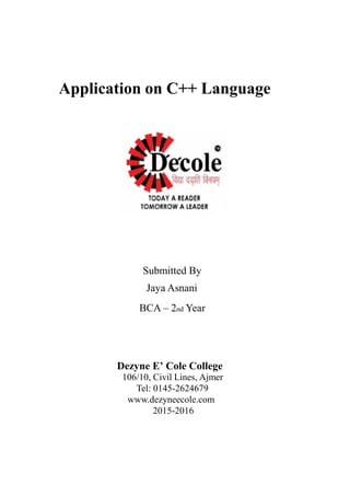 Jaya Asnani,3rd Year BCA ,Project on c++ | PDF