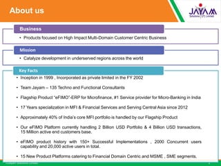 ©Jayam Solutions Limited
About us
2
• Products focused on High Impact Multi-Domain Customer Centric Business
Business
• Catalyze development in underserved regions across the world
Mission
• Inception in 1999 , Incorporated as private limited in the FY 2002
• Team Jayam – 135 Techno and Functional Consultants
• Flagship Product “eFIMO”-ERP for Microfinance, #1 Service provider for Micro-Banking in India
• 17 Years specialization in MFI & Financial Services and Serving Central Asia since 2012
• Approximately 40% of India’s core MFI portfolio is handled by our Flagship Product
• Our eFIMO Platform currently handling 2 Billion USD Portfolio & 4 Billion USD transactions,
15 Million active end customers base.
• eFIMO product history with 150+ Successful Implementations , 2000 Concurrent users
capability and 20,000 active users in total.
• 15 New Product Platforms catering to Financial Domain Centric and MSME , SME segments.
Key Facts
 