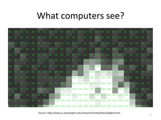 What	
  computers	
  see?	
  
Source:	
  hSp://www.cs.washington.edu/research/me,p/about/digital.html	
  
5	
  
 