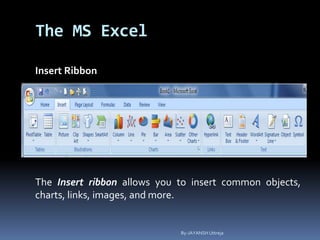 The MS Excel
Insert Ribbon
The Insert ribbon allows you to insert common objects,
charts, links, images, and more.
By-JAYANSH Uttreja
 