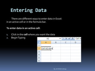 Entering Data
There are different ways to enter data in Excel:
in an active cell or in the formula bar.
To enter data in an active cell:
1. Click in the cell where you want the data
2. BeginTyping
By-JAYANSH Uttreja
 