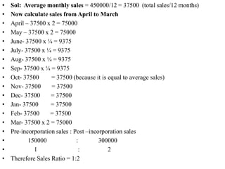 • Sol: Average monthly sales = 450000/12 = 37500 (total sales/12 months)
• Now calculate sales from April to March
• April – 37500 x 2 = 75000
• May – 37500 x 2 = 75000
• June- 37500 x ¼ = 9375
• July- 37500 x ¼ = 9375
• Aug- 37500 x ¼ = 9375
• Sep- 37500 x ¼ = 9375
• Oct- 37500 = 37500 (because it is equal to average sales)
• Nov- 37500 = 37500
• Dec- 37500 = 37500
• Jan- 37500 = 37500
• Feb- 37500 = 37500
• Mar- 37500 x 2 = 75000
• Pre-incorporation sales : Post –incorporation sales
• 150000 : 300000
• 1 : 2
• Therefore Sales Ratio = 1:2
 