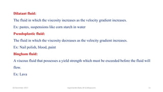 Dilatant fluid:
The fluid in which the viscosity increases as the velocity gradient increases.
Ex: pastes, suspensions lik...