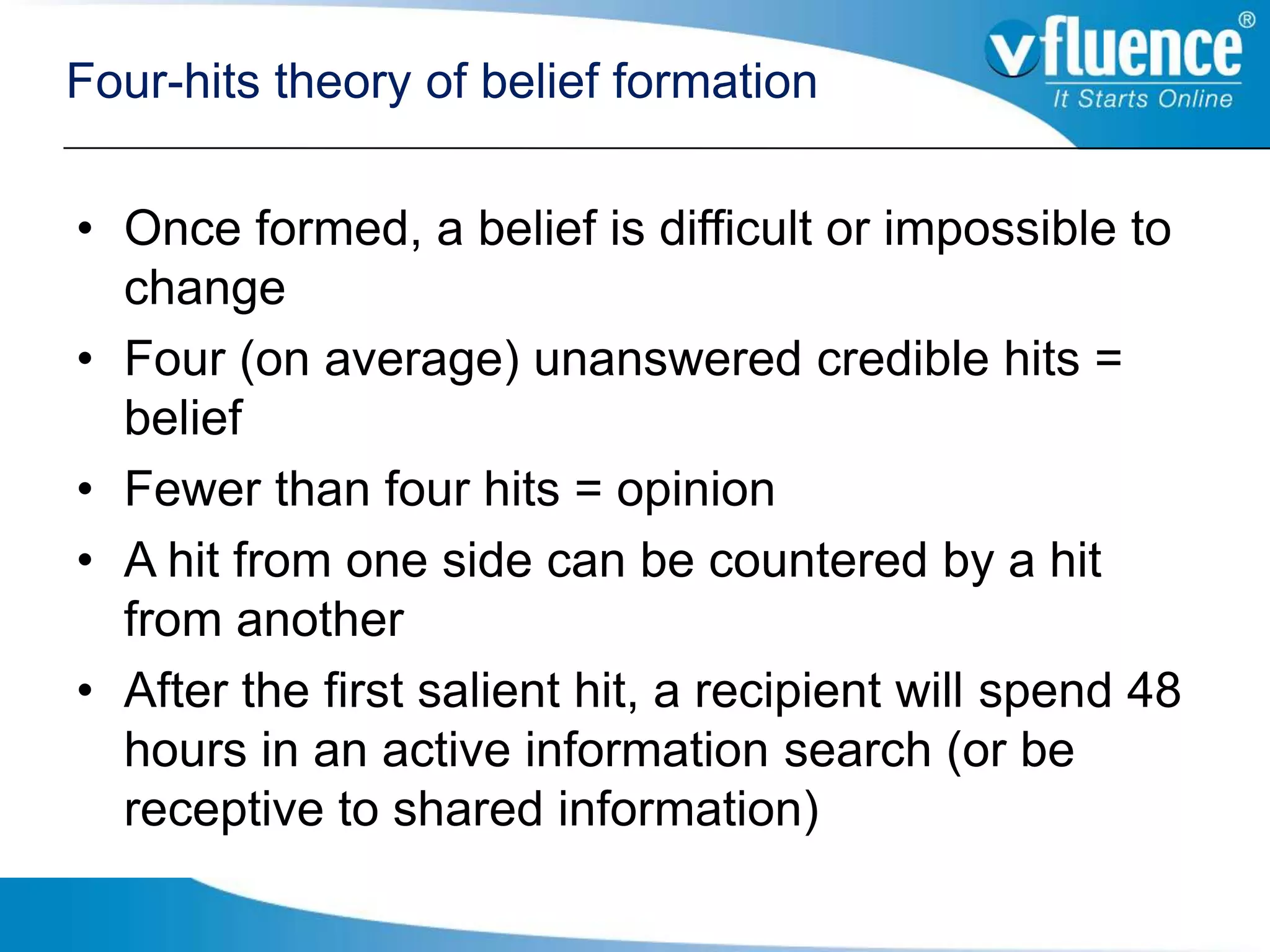 Four-hits theory of belief formation

• Once formed, a belief is difficult or impossible to
  change
• Four (on average) unanswered credible hits =
  belief
• Fewer than four hits = opinion
• A hit from one side can be countered by a hit
  from another
• After the first salient hit, a recipient will spend 48
  hours in an active information search (or be
  receptive to shared information)
 