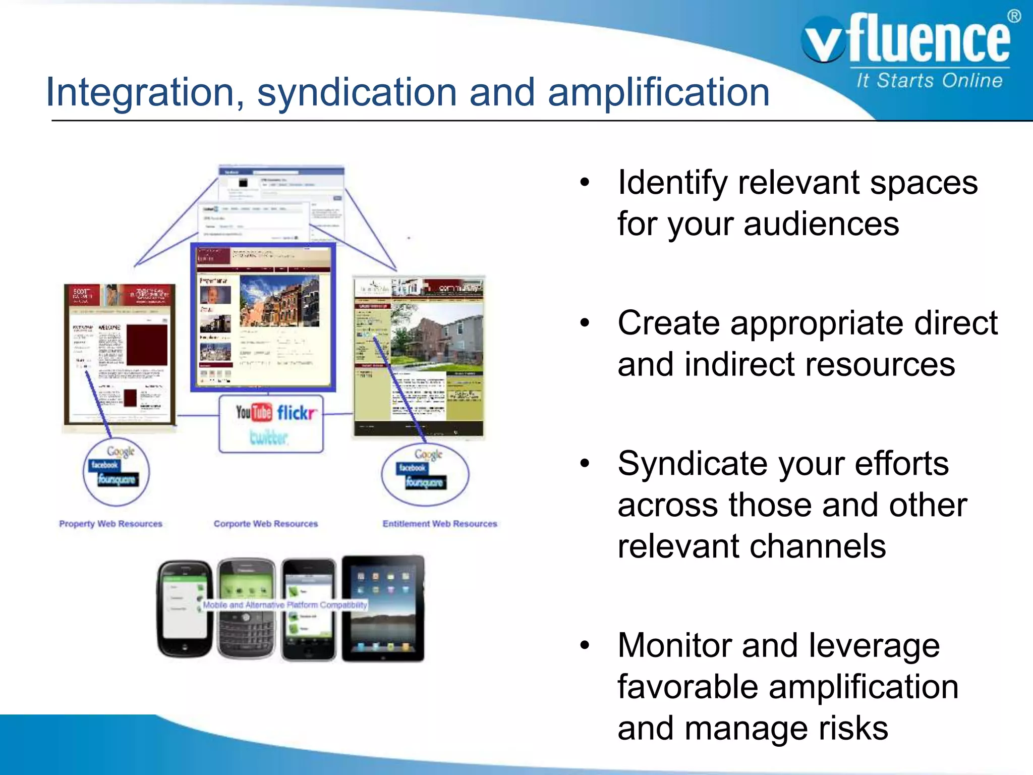 Integration, syndication and amplification

                              • Identify relevant spaces
                                for your audiences

                              • Create appropriate direct
                                and indirect resources

                              • Syndicate your efforts
                                across those and other
                                relevant channels

                              • Monitor and leverage
                                favorable amplification
                                and manage risks
 