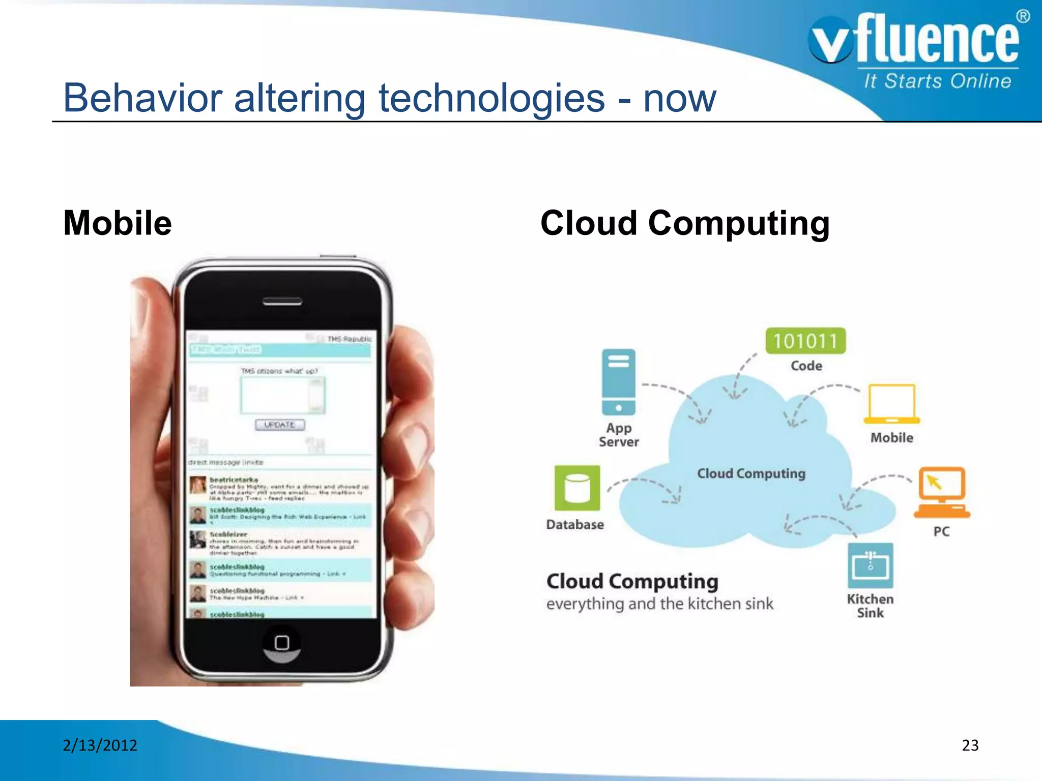 Behavior altering technologies - now


Mobile                    Cloud Computing




2/13/2012                                   23
 