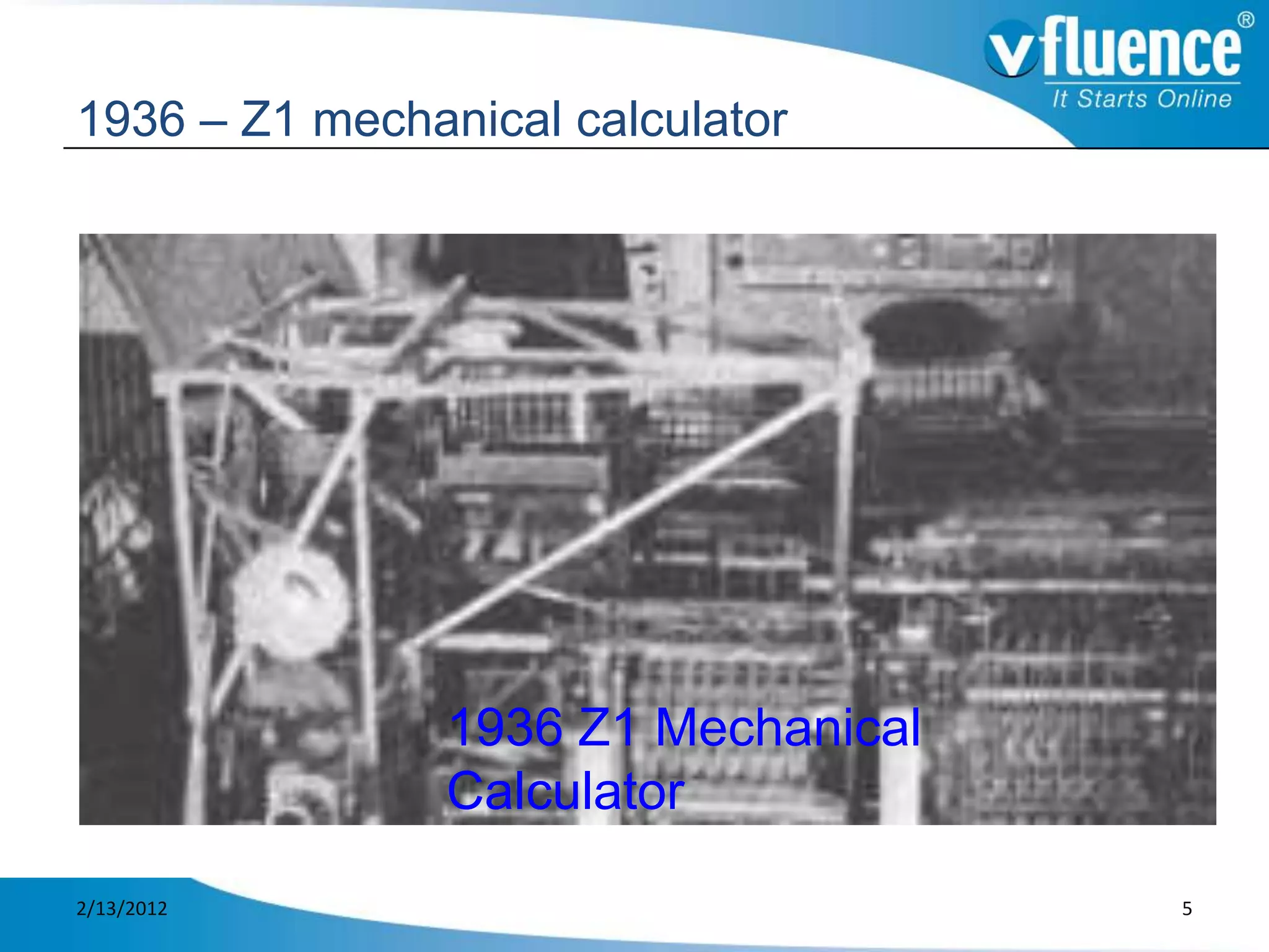 1936 – Z1 mechanical calculator




                1936 Z1 Mechanical
                Calculator

2/13/2012                            5
 