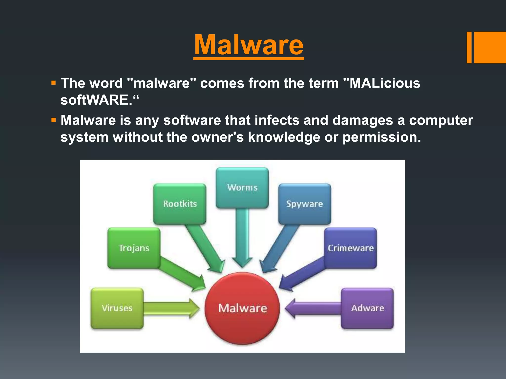 Malware
 The word "malware" comes from the term "MALicious
softWARE.“
 Malware is any software that infects and damages a computer
system without the owner's knowledge or permission.
 