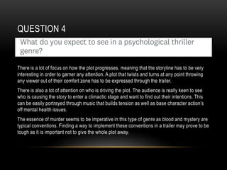 QUESTION 4
There is a lot of focus on how the plot progresses, meaning that the storyline has to be very
interesting in order to garner any attention. A plot that twists and turns at any point throwing
any viewer out of their comfort zone has to be expressed through the trailer.
There is also a lot of attention on who is driving the plot. The audience is really keen to see
who is causing the story to enter a climactic stage and want to find out their intentions. This
can be easily portrayed through music that builds tension as well as base character action’s
off mental health issues.
The essence of murder seems to be imperative in this type of genre as blood and mystery are
typical conventions. Finding a way to implement these conventions in a trailer may prove to be
tough as it is important not to give the whole plot away.
 