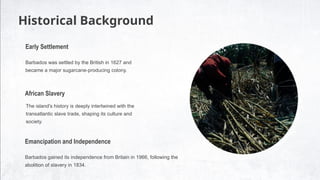 Historical Background
Early Settlement
Barbados was settled by the British in 1627 and
became a major sugarcane-producing colony.
Barbados gained its independence from Britain in 1966, following the
abolition of slavery in 1834.
African Slavery
The island's history is deeply intertwined with the
transatlantic slave trade, shaping its culture and
society.
Emancipation and Independence
 