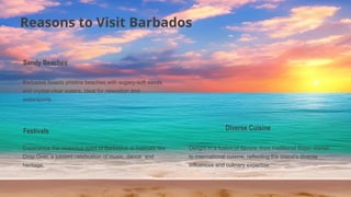 Reasons to Visit Barbados
Experience the vivacious spirit of Barbados at festivals like
Crop Over, a jubilant celebration of music, dance, and
heritage.
Barbados boasts pristine beaches with sugary-soft sands
and crystal-clear waters, ideal for relaxation and
watersports.
Sandy Beaches
Delight in a fusion of flavors, from traditional Bajan dishes
to international cuisine, reflecting the island’s diverse
influences and culinary expertise.
Diverse Cuisine
Festivals
 