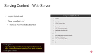 | ©2019 F517
Serving Content – Web Server
• Inspect default.conf
• Clean up default.conf
• Remove #commented out content
/etc/nginx/conf.d/default.conf
1
2
3
4
5
6
7
8
9
10
11
12
13
14
15
server{
listen80;
server_namelocalhost;
location/{
root/usr/share/nginx/html;
index index.htmlindex.htm;
}
error_page500502503504/50x.html;
location= /50x.html{
root/usr/share/nginx/html;
}
}
$sudo nginx–t
nginx: the configuration file /etc/nginx/nginx.conf syntax is ok
nginx: configuration file /etc/nginx/nginx.conf test is successful
$sudo nginx–s reload
 