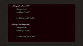 | ©2019 F521
$ curl http://localhost:8001
<!doctype html>
<html lang="en-US">
.
<h1>This is my APP1</h1>
.
$ curl http://localhost:8002
<!doctype html>
<html lang="en-US">
.
<h1>This is my APP2</h1>
.
 