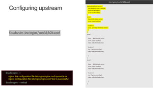 | ©2019 F523
Configuring upstream
/etc/nginx/conf.d/b2b.conf
upstreambackend_servers{
zonebackend_server_zone64k;
serverlocalhost:8001;
serverlocalhost:8002;
}
server{
listen8080 default_server;
server_namelocalhost;
location/{
proxy_passhttp://backend_servers/;
}
}
server{
listen 8001 default_server;
server_name localhost;
index index.htmlindex.htm;
location/{
root /opt/services/App1;
index index.htmlindex.htm;
}
}
server{
listen 8002 default_server;
server_name localhost;
index index.htmlindex.htm;
location/{
root /opt/services/App2;
index index.htmlindex.htm;
}
}
$sudovim/etc/nginx/conf.d/b2b.conf
$sudo nginx–t
nginx: the configuration file /etc/nginx/nginx.conf syntax is ok
nginx: configuration file /etc/nginx/nginx.conf test is successful
$sudo nginx–s reload
 