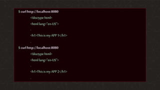 | ©2019 F524
$ curl http://localhost:8080
<!doctype html>
<html lang="en-US">
.
<h1>This is my APP1</h1>
.
$ curl http://localhost:8080
<!doctype html>
<html lang="en-US">
.
<h1>This is my APP2</h1>
.
 