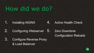 | ©2019 F534
How did we do?
1. Installing NGINX
2. Configuring Webserver
3. Configure Reverse Proxy
& Load Balancer
4. Active Health Check
5. Zero Downtime
Configuration Reloads
 