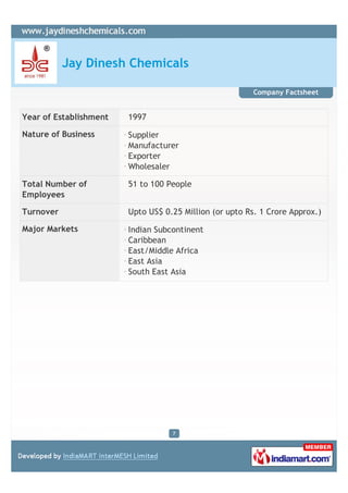 Jay Dinesh Chemicals

                                                         Company Factsheet


Year of Establishment  ...