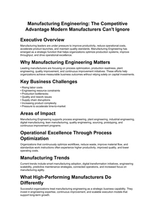 Manufacturing Engineering: Driving Competitive Advantage Through ...