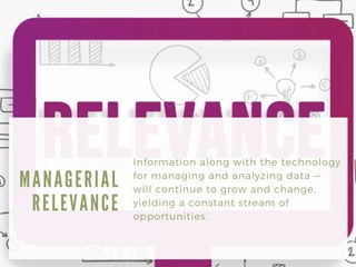 Information along with the technology
for managing and analyzing data —
will continue to grow and change,
yielding a constant stream of
opportunities.
M A N A G E R I A L
R E L E V A N C E
 