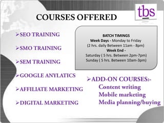 






BATCH TIMINGS
Week Days - Monday to Friday
(2 hrs. daily Between 11am - 8pm)
Week End -
Saturday ( 5 hrs. Between 2pm-7pm)
Sunday ( 5 hrs. Between 10am-3pm)
 