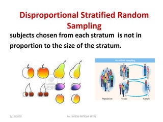 Disproportional Stratified Random
Sampling
subjects chosen from each stratum is not in
proportion to the size of the stratum.
1/31/2020 Mr. JAYESH PATIDAR MTIN
 
