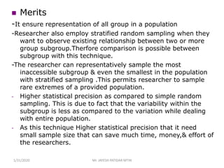  Merits
-It ensure representation of all group in a population
-Researcher also employ stratified random sampling when they
want to observe existing relationship between two or more
group subgroup.Therfore comparison is possible between
subgroup with this technique.
-The researcher can representatively sample the most
inaccessible subgroup & even the smallest in the population
with stratified sampling .This permits researcher to sample
rare extremes of a provided population.
- Higher statistical precision as compared to simple random
sampling. This is due to fact that the variability within the
subgroup is less as compared to the variation while dealing
with entire population.
- As this technique Higher statistical precision that it need
small sample size that can save much time, money,& effort of
the researchers.
1/31/2020 Mr. JAYESH PATIDAR MTIN
 