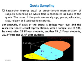 Quota Sampling
 Researcher ensures equal or proportionate representation of
subjects depending on which trait is considered as basis of the
quota. The bases of the quota are usually age, gender, education,
race, religion and socioeconomic status.
For example, if basis of the quota is college year level and the
researcher needs equal representation, with a sample size of 100,
he must select 25 1st year students, another 25 ,2nd year students,
25, 3rd year and 25 4th year students.
1/31/2020 Mr. JAYESH PATIDAR MTIN
 