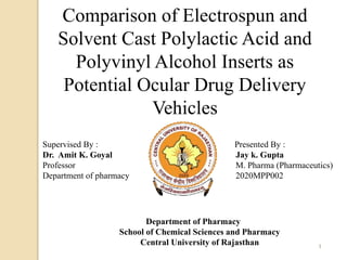 1
Comparison of Electrospun and
Solvent Cast Polylactic Acid and
Polyvinyl Alcohol Inserts as
Potential Ocular Drug Delivery
Vehicles
Supervised By : Presented By :
Dr. Amit K. Goyal Jay k. Gupta
Professor M. Pharma (Pharmaceutics)
Department of pharmacy 2020MPP002
Department of Pharmacy
School of Chemical Sciences and Pharmacy
Central University of Rajasthan
 