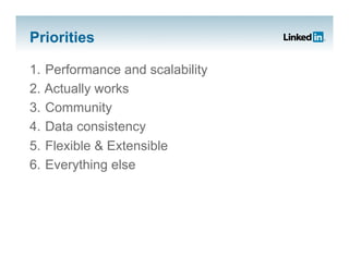 Priorities

1.  Performance and scalability
2.  Actually works
3.  Community
4.  Data consistency
5.  Flexible & Extensibl...