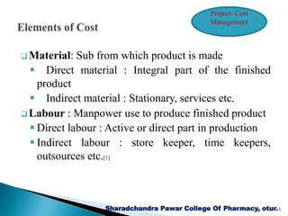  Material: Sub from which product is made
 Direct material : Integral part of the finished
product
 Indirect material : Stationary, services etc.
 Labour : Manpower use to produce finished product
 Direct labour : Active or direct part in production
 Indirect labour : store keeper, time keepers,
outsources etc.[1]
Sharadchandra Pawar College Of Pharmacy, otur.5
Project- Cost
Management
 