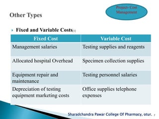  Fixed and Variable Costs[1]
Fixed Cost Variable Cost
Management salaries Testing supplies and reagents
Allocated hospital Overhead Specimen collection supplies
Equipment repair and
maintenance
Testing personnel salaries
Depreciation of testing
equipment marketing costs
Office supplies telephone
expenses
Sharadchandra Pawar College Of Pharmacy, otur. 7
Project- Cost
Management
 