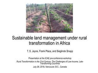 Sustainable land management under rural
transformation in Africa
T. S. Jayne, Frank Place, and Sieglinde Snapp
Presentation at the ICAE pre-conference workshop
Rural Transformation in the 21st Century: The Challenges of Low-Income, Late-
Transforming Countries
July 28, 2018, Vancouver, B.C., Canada
 