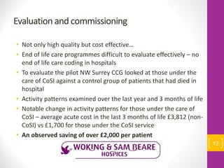 Evaluation and commissioning
• Not only high quality but cost effective…
• End of life care programmes difficult to evaluate effectively – no
end of life care coding in hospitals
• To evaluate the pilot NW Surrey CCG looked at those under the
care of CoSI against a control group of patients that had died in
hospital
• Activity patterns examined over the last year and 3 months of life
• Notable change in activity patterns for those under the care of
CoSI – average acute cost in the last 3 months of life £3,812 (non-
CoSI) vs £1,700 for those under the CoSI service
• An observed saving of over £2,000 per patient
12
 