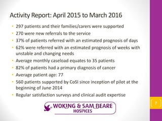 Activity Report: April 2015 to March 2016
• 297 patients and their families/carers were supported
• 270 were new referrals to the service
• 37% of patients referred with an estimated prognosis of days
• 62% were referred with an estimated prognosis of weeks with
unstable and changing needs
• Average monthly caseload equates to 35 patients
• 82% of patients had a primary diagnosis of cancer
• Average patient age: 77
• 560 patients supported by CoSI since inception of pilot at the
beginning of June 2014
• Regular satisfaction surveys and clinical audit expertise
7
 