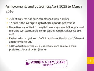 Achievements and outcomes: April 2015 to March
2016
• 76% of patients had care commenced within 48 hrs
• 12 days is the average length of care episode per patient
• 8% patients admitted to hospital (acute episode; fall; unplanned
unstable symptoms; cord compression; patient collapsed; 999
call)
• Patients discharged from CoSI if needs stabilise beyond 6-8 weeks
and referred to CHC
• 100% of patients who died under CoSI care achieved their
preferred place of death (home)
8
 