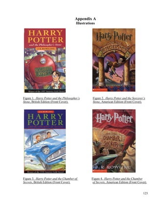 Appendix A
Illustrations
Figure 1. Harry Potter and the Philosopher’s Figure 2. Harry Potter and the Sorcerer’s
Stone, British Edition (Front Cover). Stone, American Edition (Front Cover).
Figure 3. Harry Potter and the Chamber of Figure 4. Harry Potter and the Chamber
Secrets, British Edition (Front Cover). of Secrets, American Edition (Front Cover).
123
 