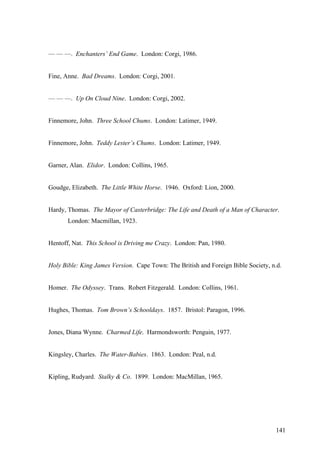 — — —. Enchanters’ End Game. London: Corgi, 1986.
Fine, Anne. Bad Dreams. London: Corgi, 2001.
— — —. Up On Cloud Nine. London: Corgi, 2002.
Finnemore, John. Three School Chums. London: Latimer, 1949.
Finnemore, John. Teddy Lester’s Chums. London: Latimer, 1949.
Garner, Alan. Elidor. London: Collins, 1965.
Goudge, Elizabeth. The Little White Horse. 1946. Oxford: Lion, 2000.
Hardy, Thomas. The Mayor of Casterbridge: The Life and Death of a Man of Character.
London: Macmillan, 1923.
Hentoff, Nat. This School is Driving me Crazy. London: Pan, 1980.
Holy Bible: King James Version. Cape Town: The British and Foreign Bible Society, n.d.
Homer. The Odyssey. Trans. Robert Fitzgerald. London: Collins, 1961.
Hughes, Thomas. Tom Brown’s Schooldays. 1857. Bristol: Paragon, 1996.
Jones, Diana Wynne. Charmed Life. Harmondsworth: Penguin, 1977.
Kingsley, Charles. The Water-Babies. 1863. London: Peal, n.d.
Kipling, Rudyard. Stalky & Co. 1899. London: MacMillan, 1965.
141
 