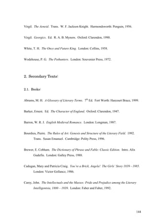 Virgil. The Aeneid. Trans. W. F. Jackson Knight. Harmondsworth: Penguin, 1956.
Virgil. Georgics. Ed. R. A. B. Mynors. Oxford: Clarendon, 1990.
White, T. H. The Once and Future King. London: Collins, 1958.
Wodehouse, P. G. The Pothunters. London: Souvenier Press, 1972.
2. Secondary Texts:
2.1. Books:
Abrams, M. H. A Glossary of Literary Terms. 7th
Ed. Fort Worth: Harcourt Brace, 1999.
Barker, Ernest. Ed. The Character of England. Oxford: Clarendon, 1947.
Barron, W. R. J. English Medieval Romance. London: Longman, 1987.
Bourdieu, Pierre. The Rules of Art: Genesis and Structure of the Literary Field. 1992.
Trans. Susan Emanuel. Cambridge: Polity Press, 1996.
Brewer, E. Cobham. The Dictionary of Phrase and Fable: Classic Edition. Intro. Alix
Gudefin. London: Galley Press, 1988.
Cadogan, Mary and Patricia Craig. You’re a Brick, Angela! The Girls’ Story 1839 - 1985.
London: Victor Gollancz, 1986.
Carey, John. The Intellectuals and the Masses: Pride and Prejudice among the Literary
Intelligentsia, 1880 – 1939. London: Faber and Faber, 1992.
144
 