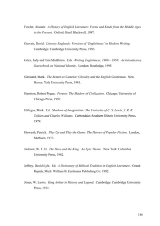 Fowler, Alastair. A History of English Literature: Forms and Kinds from the Middle Ages
to the Present. Oxford: Basil Blackwell, 1987.
Gervais, David. Literary Englands: Versions of ‘Englishness’ in Modern Writing.
Cambridge: Cambridge University Press, 1993.
Giles, Judy and Tim Middleton. Eds. Writing Englishness, 1900 – 1950: An Introductory
Sourcebook on National Identity. London: Routledge, 1995.
Girouard, Mark. The Return to Camelot: Chivalry and the English Gentleman. New
Haven: Yale University Press, 1981.
Harrison, Robert Pogue. Forests: The Shadow of Civilization. Chicago: University of
Chicago Press, 1992.
Hillegas, Mark. Ed. Shadows of Imagination: The Fantasies of C. S. Lewis, J. R. R.
Tolkien and Charles Williams. Carbondale: Southern Illinois University Press,
1979.
Howarth, Patrick. Play Up and Play the Game: The Heroes of Popular Fiction. London,
Methuen, 1973.
Jackson, W. T. H. The Hero and the King. An Epic Theme. New Tork: Columbia
University Press, 1982.
Jeffrey, David Lyle. Ed. A Dictionary of Biblical Tradition in English Literature. Grand
Rapids, Mich: William B. Eerdmans Publishing Co: 1992.
Jones, W. Lewis. King Arthur in History and Legend. Cambridge: Cambridge University
Press, 1911.
146
 