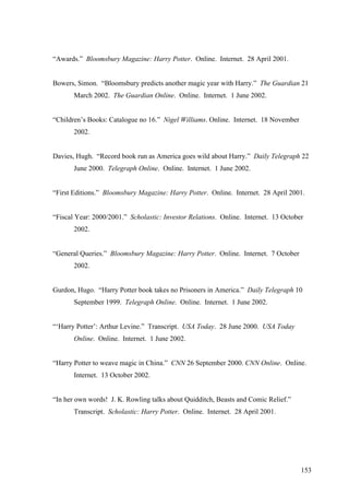 “Awards.” Bloomsbury Magazine: Harry Potter. Online. Internet. 28 April 2001.
Bowers, Simon. “Bloomsbury predicts another magic year with Harry.” The Guardian 21
March 2002. The Guardian Online. Online. Internet. 1 June 2002.
“Children’s Books: Catalogue no 16.” Nigel Williams. Online. Internet. 18 November
2002.
Davies, Hugh. “Record book run as America goes wild about Harry.” Daily Telegraph 22
June 2000. Telegraph Online. Online. Internet. 1 June 2002.
“First Editions.” Bloomsbury Magazine: Harry Potter. Online. Internet. 28 April 2001.
“Fiscal Year: 2000/2001.” Scholastic: Investor Relations. Online. Internet. 13 October
2002.
“General Queries.” Bloomsbury Magazine: Harry Potter. Online. Internet. 7 October
2002.
Gurdon, Hugo. “Harry Potter book takes no Prisoners in America.” Daily Telegraph 10
September 1999. Telegraph Online. Online. Internet. 1 June 2002.
“‘Harry Potter’: Arthur Levine.” Transcript. USA Today. 28 June 2000. USA Today
Online. Online. Internet. 1 June 2002.
“Harry Potter to weave magic in China.” CNN 26 September 2000. CNN Online. Online.
Internet. 13 October 2002.
“In her own words! J. K. Rowling talks about Quidditch, Beasts and Comic Relief.”
Transcript. Scholastic: Harry Potter. Online. Internet. 28 April 2001.
153
 