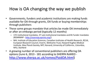 How is OA changing the way we publish
• Governments, funders and academic institutions are making funds
available for OA through grants, OA funds or buying memberships
through publishers
• These same groups mandate that articles be made OA immediately
or after an embargo period (typically 12 months)
– 172 institutional mandates, 37 sub-institutional mandates and 81 funder mandates
(ROARMAP - http://roarmap.eprints.org/)
– NIH, Institute of Education Sciences, Canadian Institutes of Health Research, RCUK,
European Research Council, Inserm, Wellcome Trust, Howard Hughes Medical
Institute, Max Planck Society, MIT, Harvard, University of California , Columbia,
NYU, Stanford
• A growing number of conventional publishers are offering OA
options (June 6, 2013 - 181 according to SHERPA RoMEO -
http://www.sherpa.ac.uk/romeo/PaidOA.html)
 
