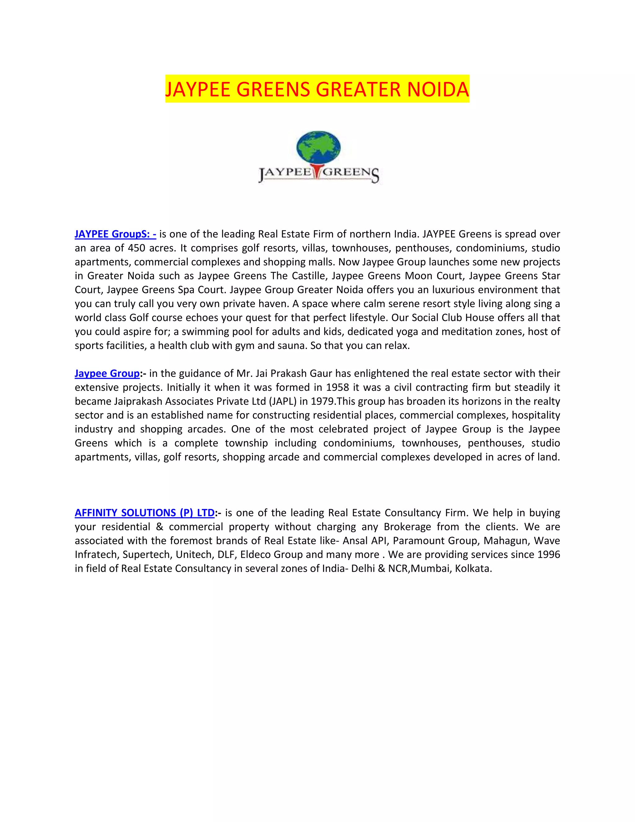 Jaypee greens greater noida PDF